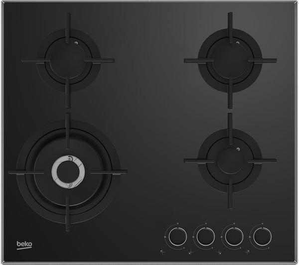 Beko 60cm Built-In Gas Hob 3 Gas + 1 Wok on Black Glass (Front Knob Control, Cast Iron Pan Support, 5kW Wok Burner, Gas Safety Device, Made in Turkey) (HCLW64222S)