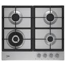 Beko 60cm Built-In Gas Hob 3 Gas + 1 Wok on Metal Plate (Front Knob Control, Cast Iron Pan Support, 5kW Wok Burner, Integrated Ignition) (HQAW64225 SX)