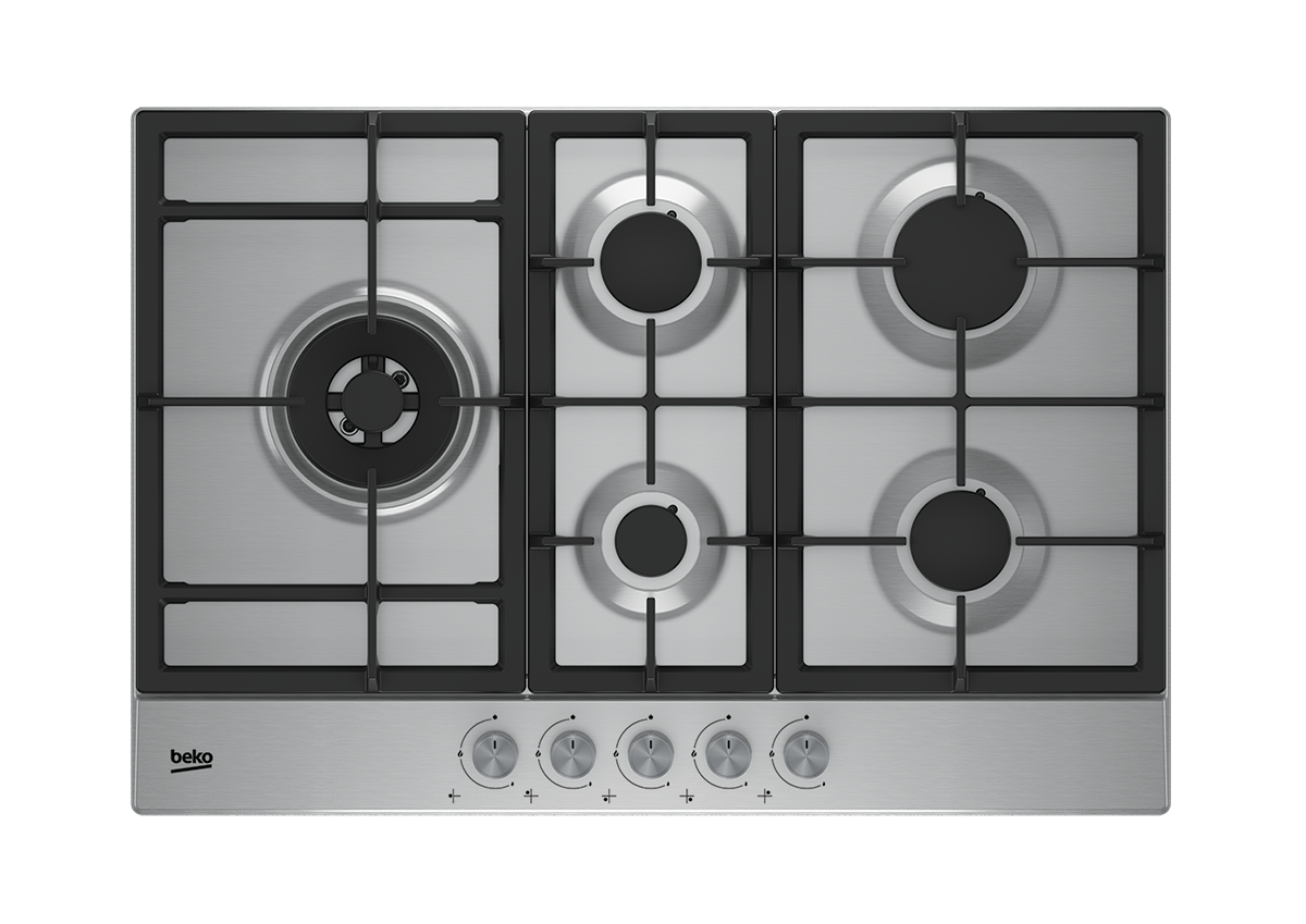 Beko 90cm Built-In Gas Hob 4 Gas + 1 Wok on Metal Plate (Front Knob Control, Cast Iron Pan Support, 5kW Wok Burner, Made in Turkey) (HQAW75225 SX)