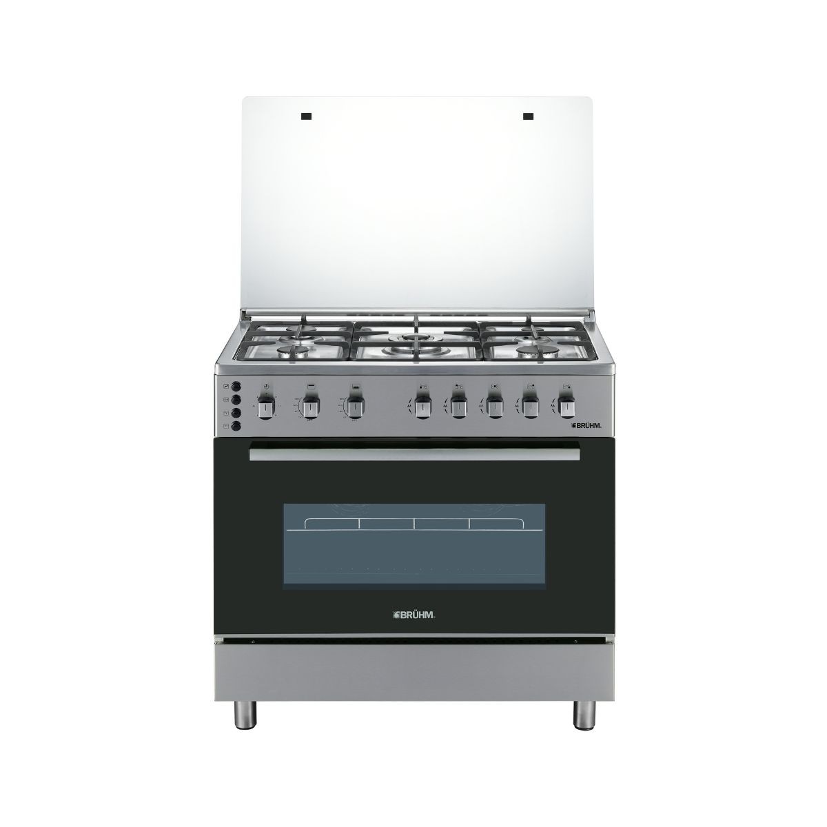 Bruhm 90x60 Gas Cooker 5 Burners Full Stainless Steel (Pool System, Gas Oven Up & Down Burners, Auto Ignition, Glass Top Lid, Double Glass Oven) (BGC-9650SS)