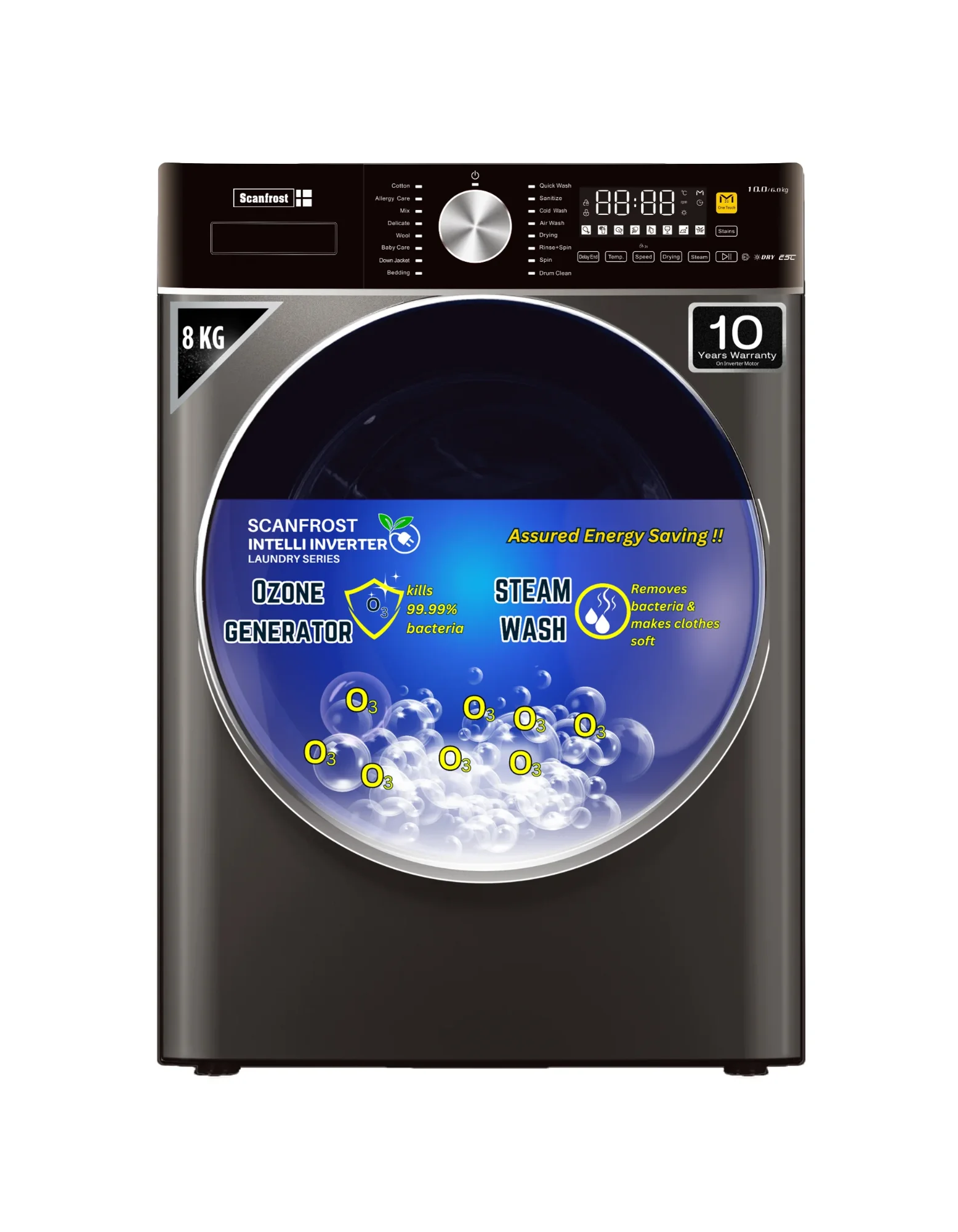 Scanfrost 8Kg Inverter Front Load Fully Auto Washer, Dark Gray, Ozen Steam (SFWMFL8000INVME)