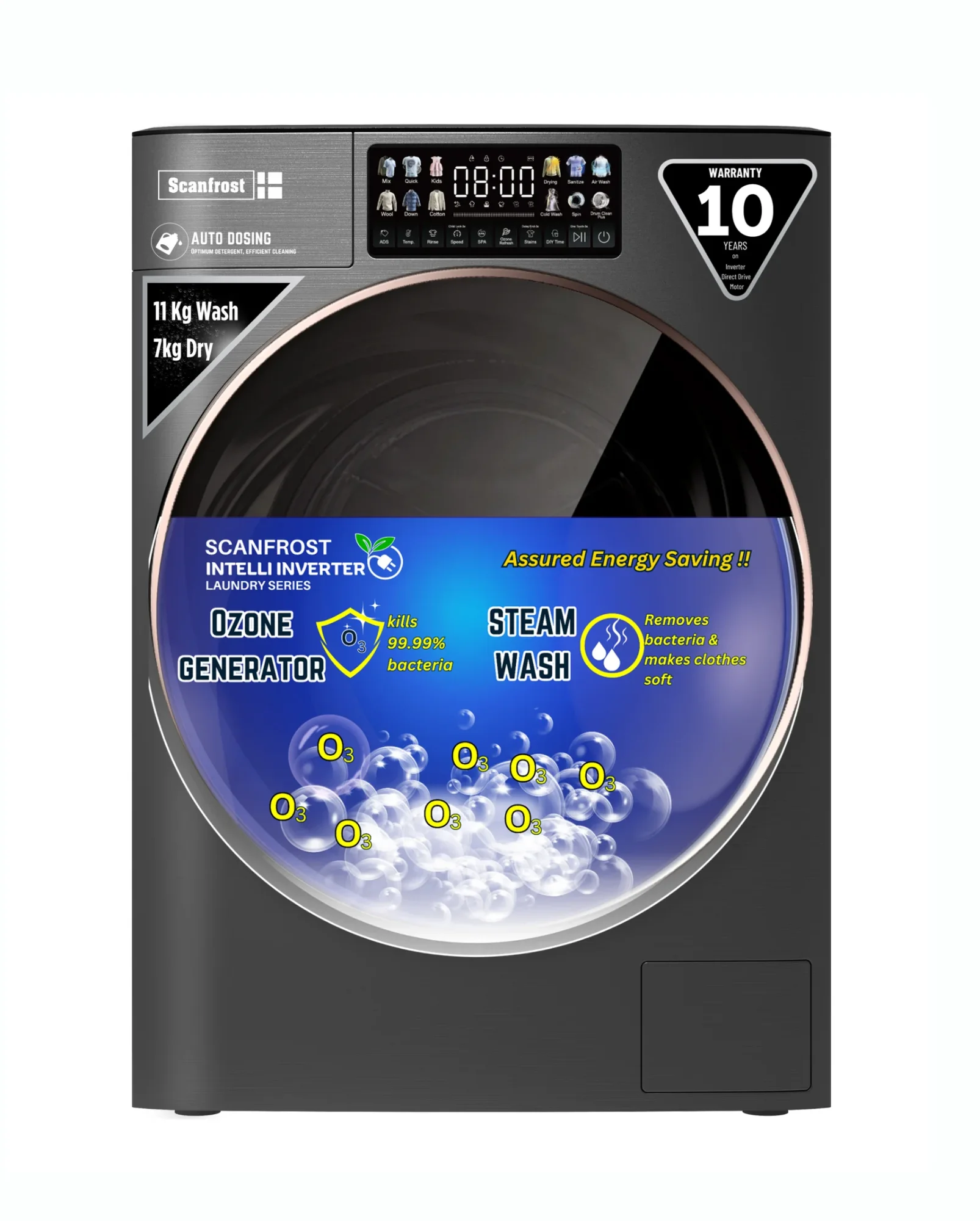 Scanfrost 11Kg / 7Kg Inverter Washer & Dryer Combi, Dark Gray, Ozen Steam (SFWD117INVME)