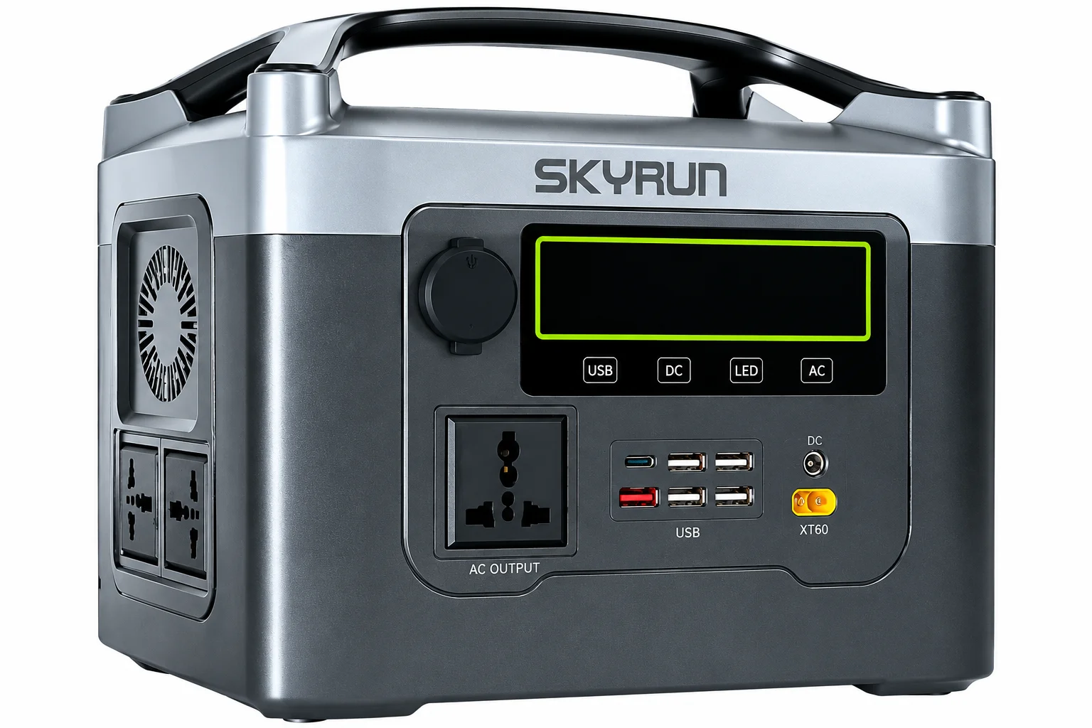 Skyrun 600W(Peak power 1200W),576wh,14.6V/8A,USB 5V/2A, Li-ion Battery,LED Emergency light,AC+Solar Charging (DJ-PS1200-KZF)
